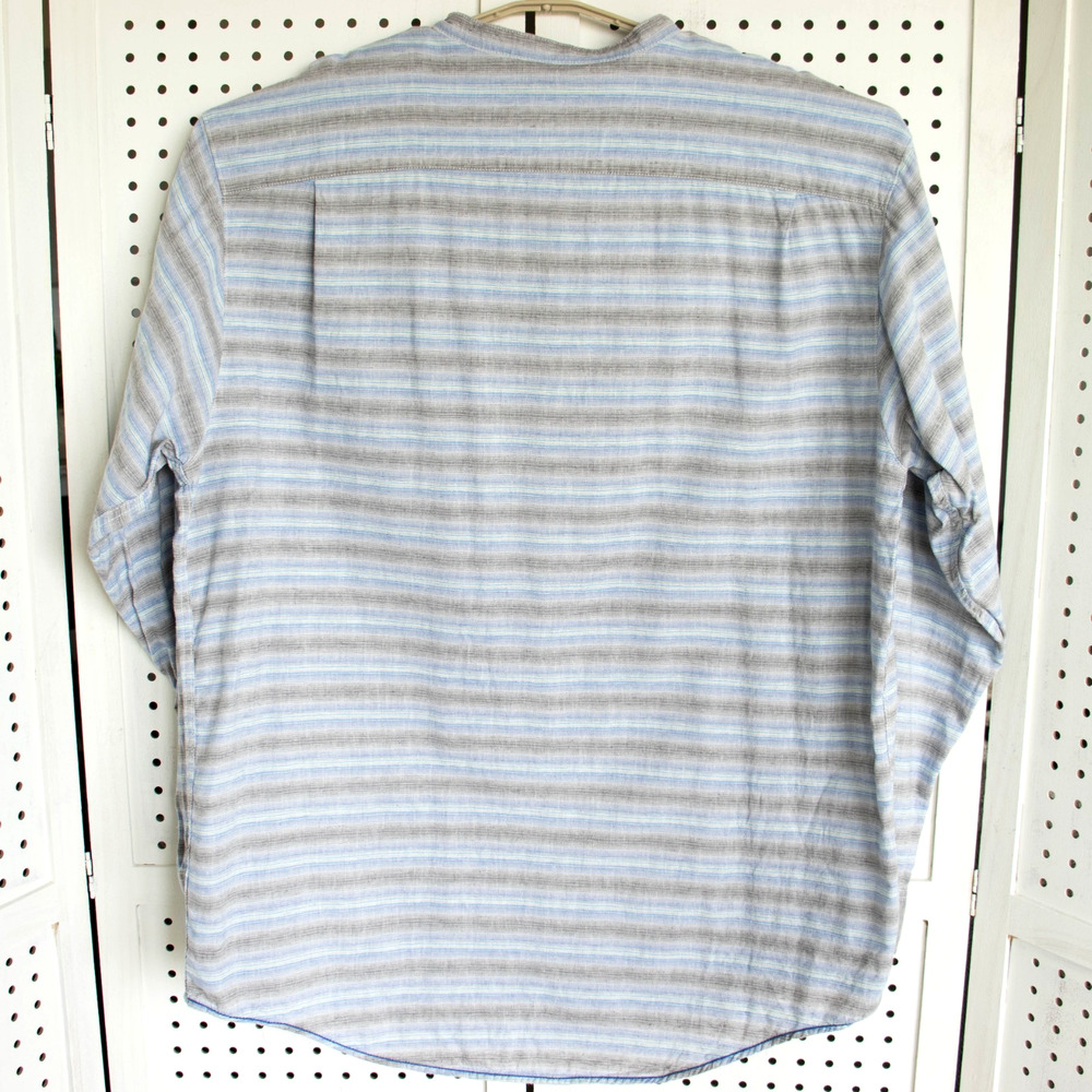 Caribbean Men SIZE XL Blue Linen Blend Stripe LS Button Up Shirt Band Collar - Picture 3 of 9